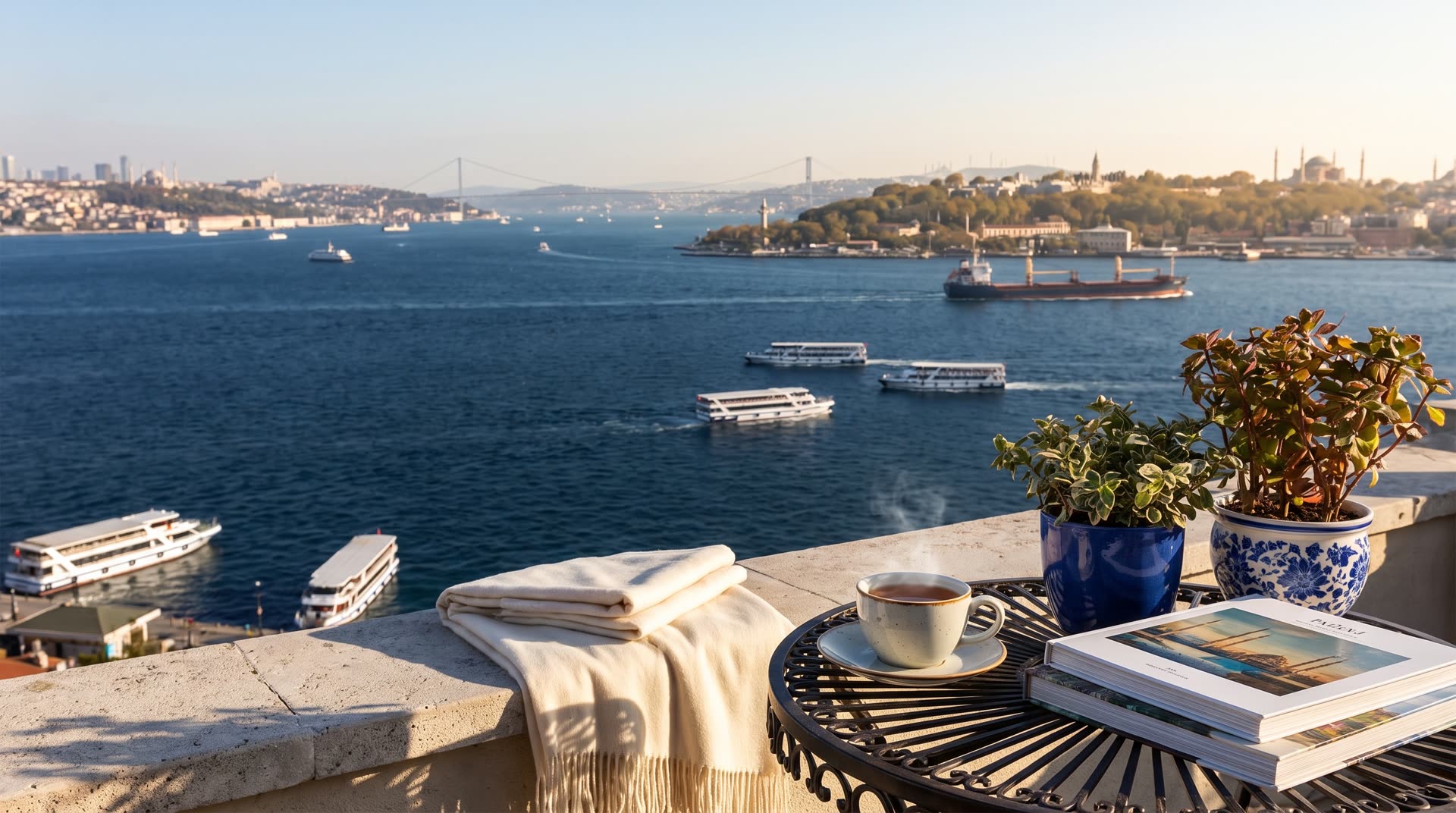 Vapurlarıyla Boğaz manzarası, terasta çay ve kitaplar (temsilî görsel)